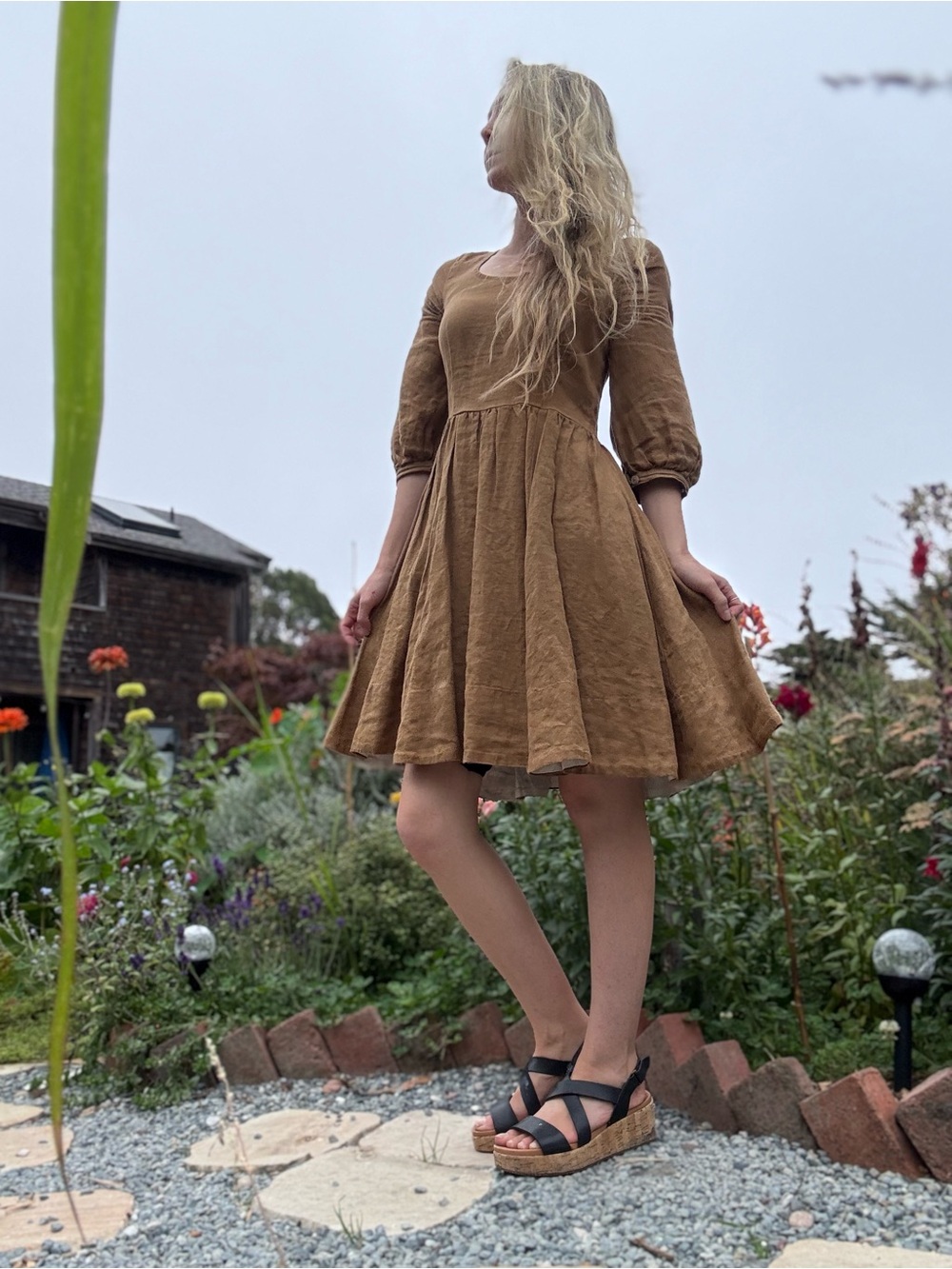 Son De Flor Carmen mini puff sleeve Linen dress